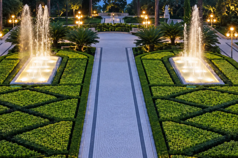 Jardim do Palácio das Esmeraldas, em Goiânia, reúne fontes ornamentais, canteiros geométricos e iluminação integrada ao paisagismo histórico (Foto: Governo de Goiás)