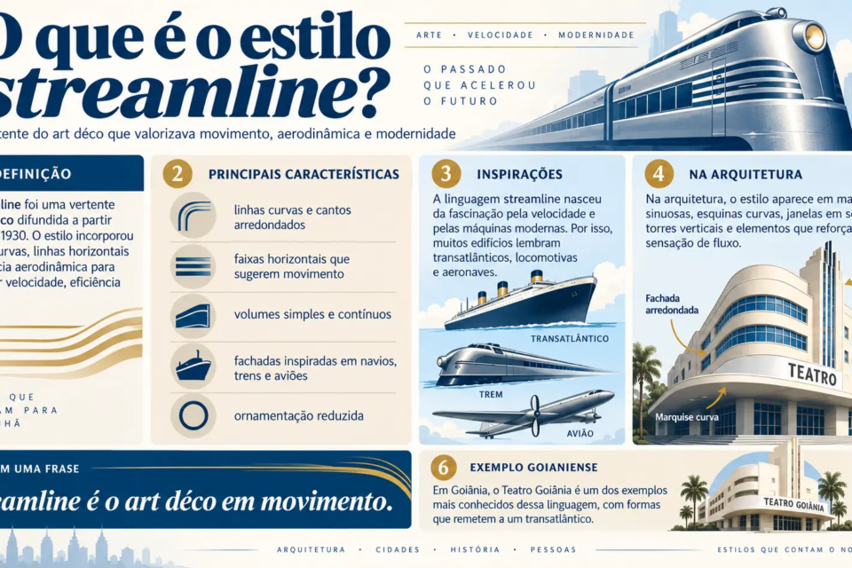 Estilo streamline incorpora curvas, linhas horizontais e referências a navios, trens e aviões para transmitir movimento e modernidade na arquitetura (Arte: Pinterest)