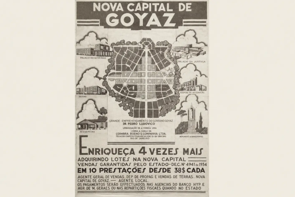 Anúncio da década de 1930 apresenta o projeto da nova capital de Goiás, com o traçado urbano planejado e a venda de lotes em Goiânia (Foto: Acervo histórico UFG)