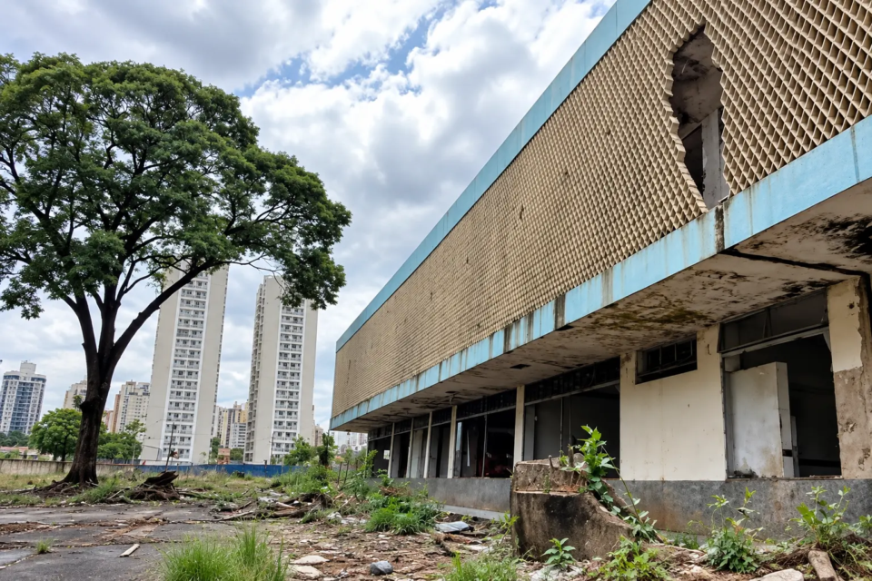Antiga sede da Celg, em Goiânia, durante período de abandono e degradação antes da demolição (Foto: CAU-GO)