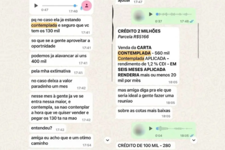 Prints de conversas entre Julliana e a mãe sobre os consórcios