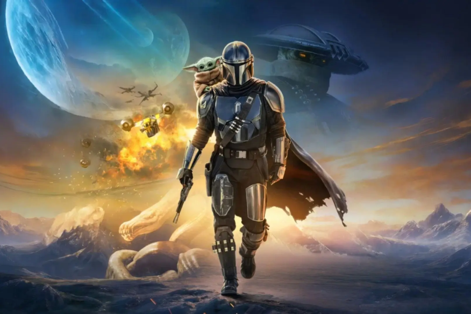 O Mandaloriano e Grogu aparecem juntos em arte promocional do universo Star Wars (Foto: Disney/Lucasfilm)