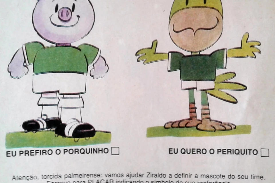 Ziraldo chegou a apresentar Porquinho e Periquito em uma enquete da revista Placar sobre o mascote do Palmeiras; no Goiás, porém, o Periquito já estava consolidado como símbolo do clube e seria redesenhado pelo cartunista em 1987 (Reprodução/Placar)