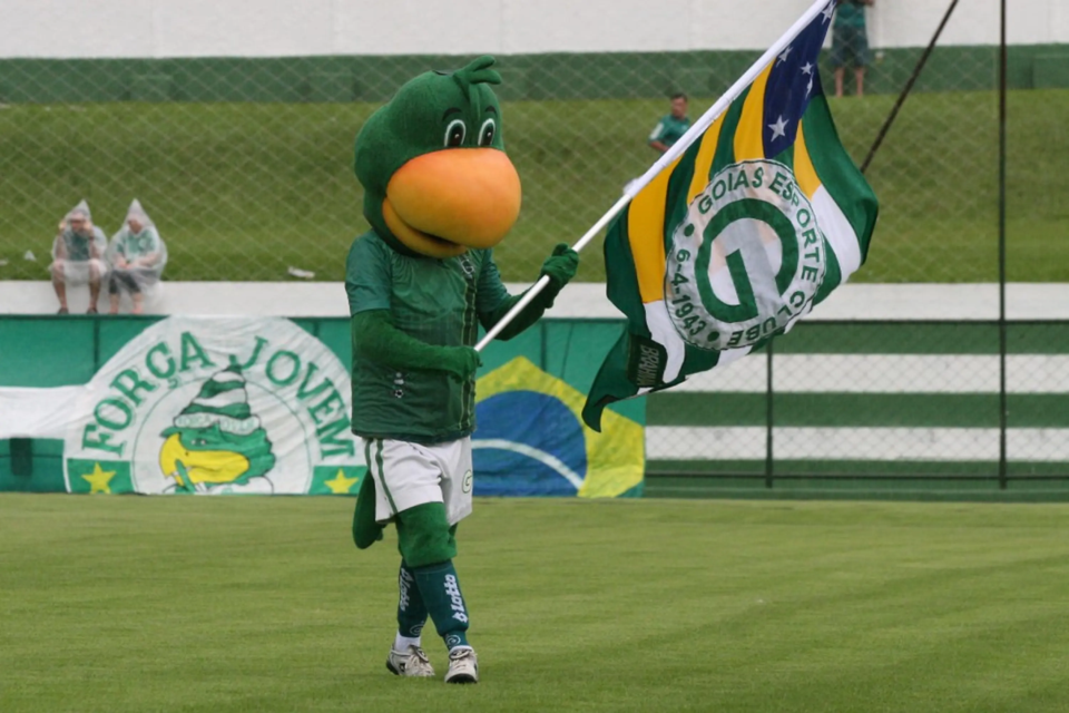 Periquito, mascote do Goiás Esporte Clube, entra em campo com a bandeira alviverde durante partida do time (Divulgação/Goiás EC)
