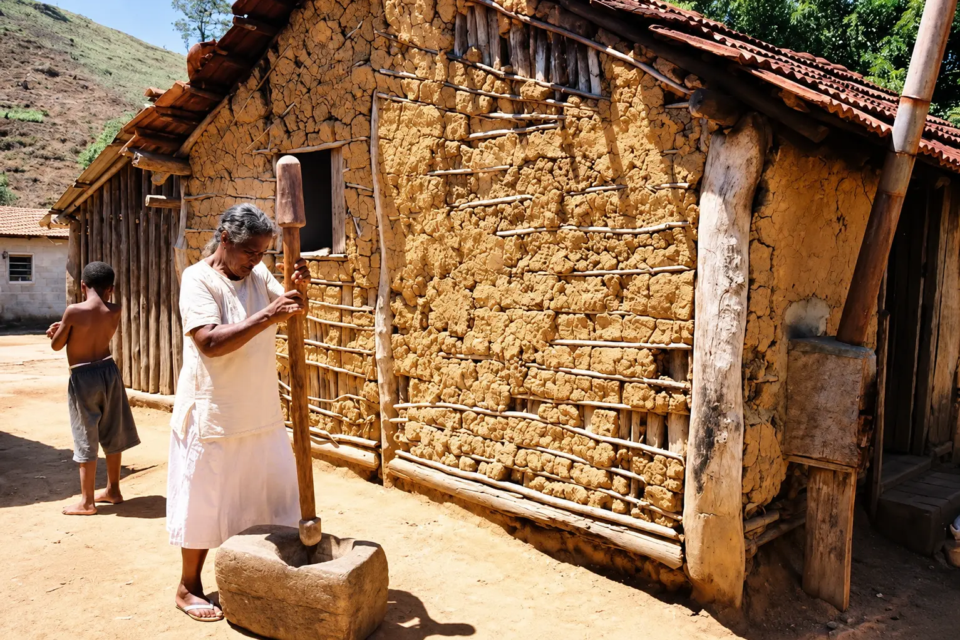 Moradora de comunidade quilombola utiliza pilão em frente a casa de adobe, construção tradicional presente em comunidades rurais (Foto: Reprodução/YouTube)
