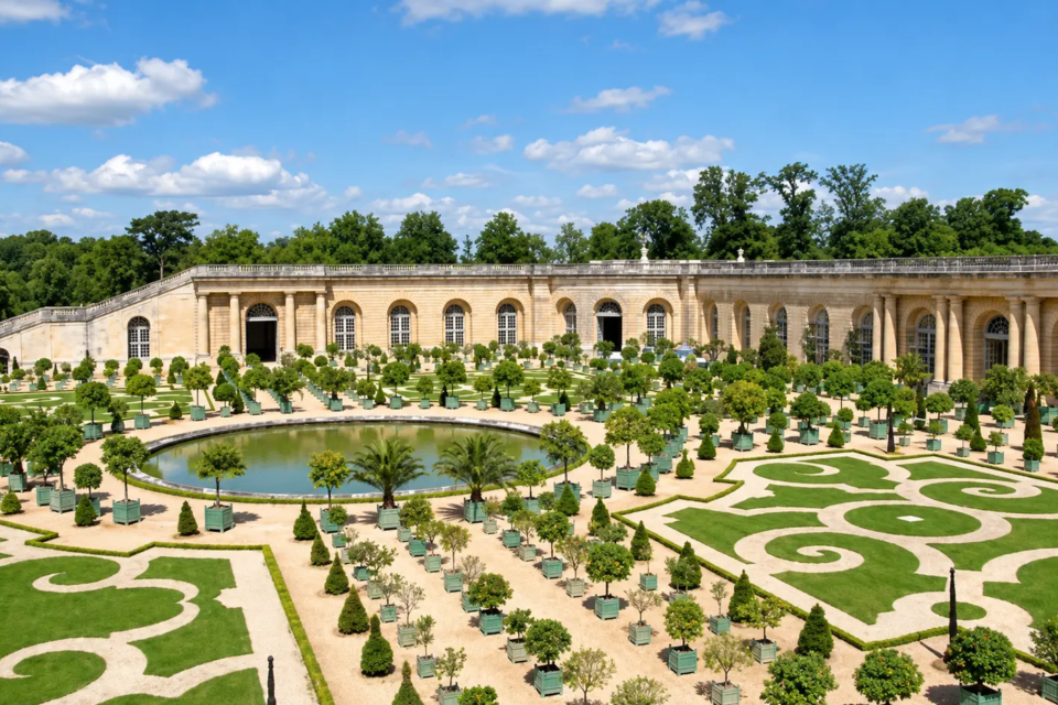 Jardins de Versalhes, na França, exibem composição geométrica, eixos simétricos, canteiros desenhados e uso ornamental da vegetação, elementos que ajudam a entender a referência presente no jardim do Palácio das Esmeraldas, em Goiânia (Foto: canva)
