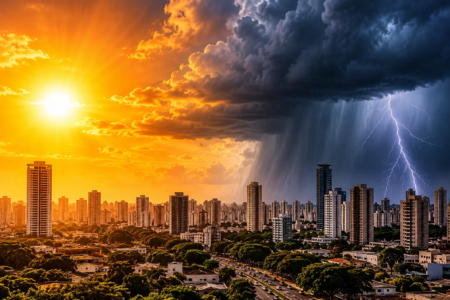 Previsão indica calor de até 41°C e possibilidade de temporais em Goiás durante a semana (Arte: Glauber Mattos)