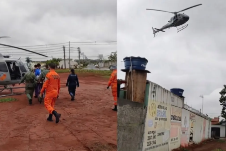 Helicóptero de resgate durante atendimento a motociclista ferido em acidente no Setor Recanto das Minas Gerais, em Goiânia