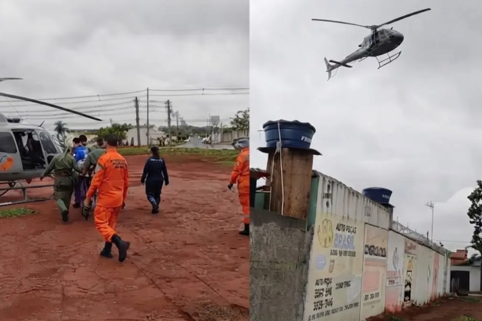 Helicóptero de resgate durante atendimento a motociclista ferido em acidente no Setor Recanto das Minas Gerais, em Goiânia