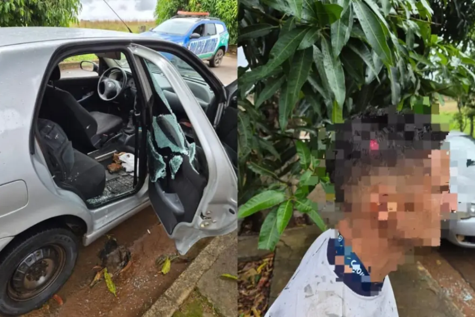 Passageiro foi ferido e carro danificado durante confusão - (Foto: reprodução/PM)
