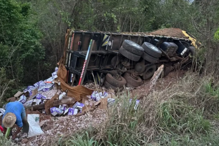 Caminhão espalhou carga ao cair em ribanceira - (Foto: reprodução/PM)