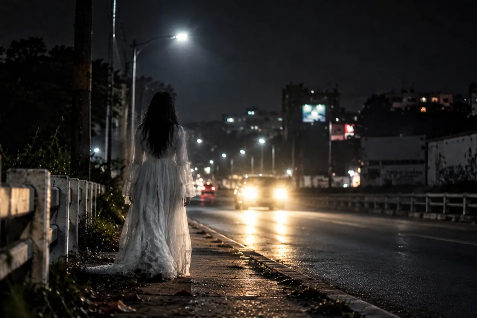 Mulher vestida de branco à beira de uma via durante a noite representa a lenda da aparição que teria assustado motoristas nas proximidades da antiga fábrica Leite Gogó, em Goiânia. (Imagem ilustrativa)