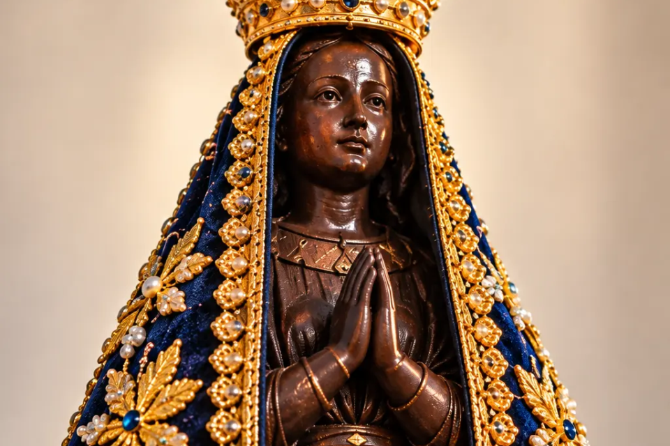Imagem de Nossa Senhora Aparecida, Padroeira do Brasil, cuja devoção atravessa mais de três séculos de história e integra a identidade cultural brasileira (Pinterest)