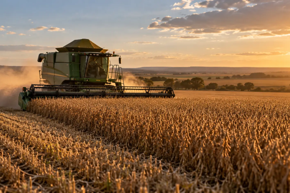 Colheita agrícola representa a força do agronegócio na economia goiana, setor impactado pela variação do dólar e pelos custos de produção (Arte: Glauber Mattos)