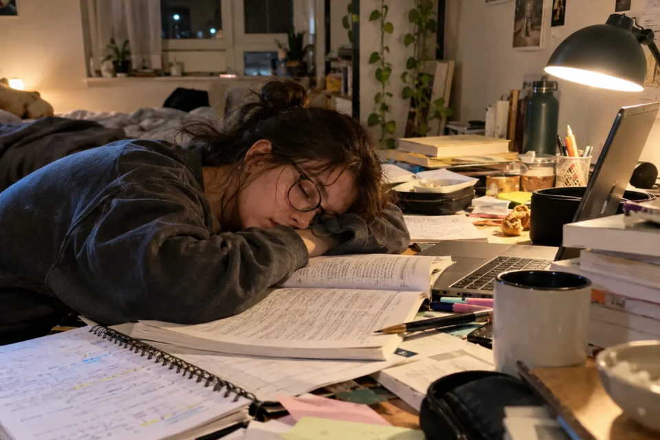 Estudante universitária dorme sobre os livros após rotina intensa de estudos em apartamento; cena ilustra os impactos do cansaço na preparação acadêmica (Foto: Reprodução/Instagram)